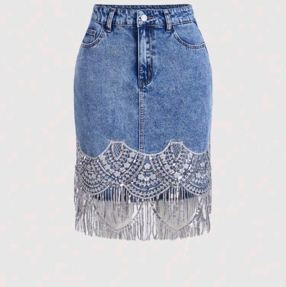 Women's Denim Fringed Patchwork Blue Skirt For Casual Holidays,Cruise Women Outf - Picture 5 of 5
